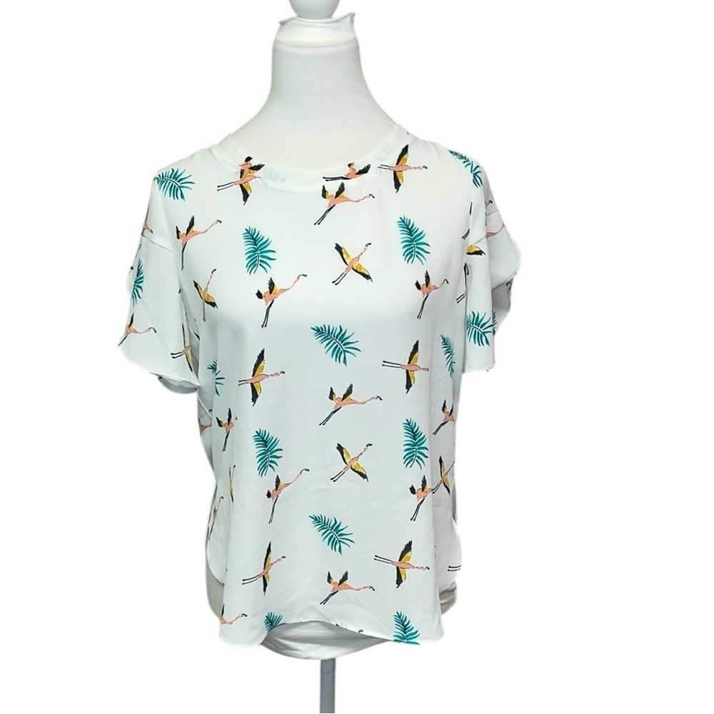 Loft Flamingo Print Tulip Sleeve Blouse.